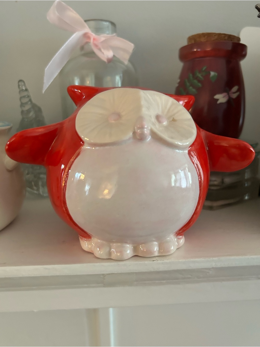 Ceramic Red and White Owl Figurine Bank